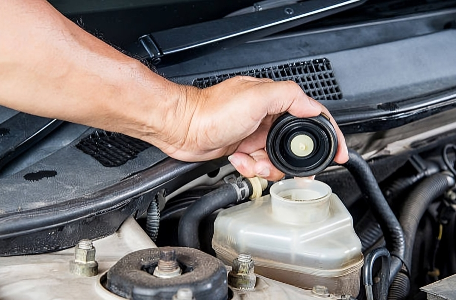 checking brake fluid reservoir level during car service