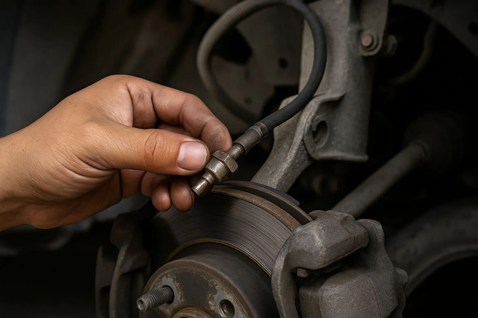 Technician checking rubber brake hose condition in Northern Beaches