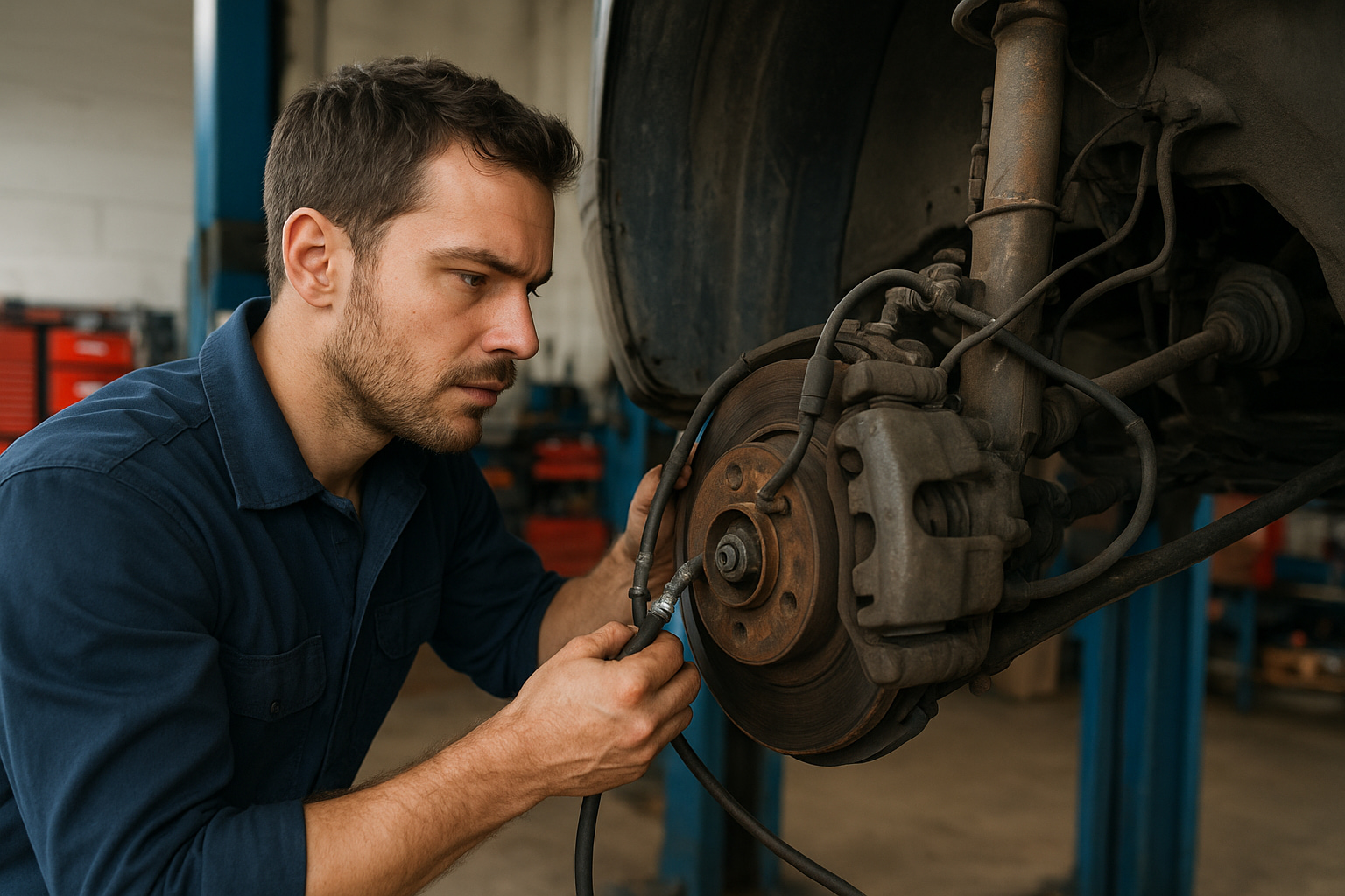 Mechanic inspecting brake hoses and hydraulics in a Brookvale workshop