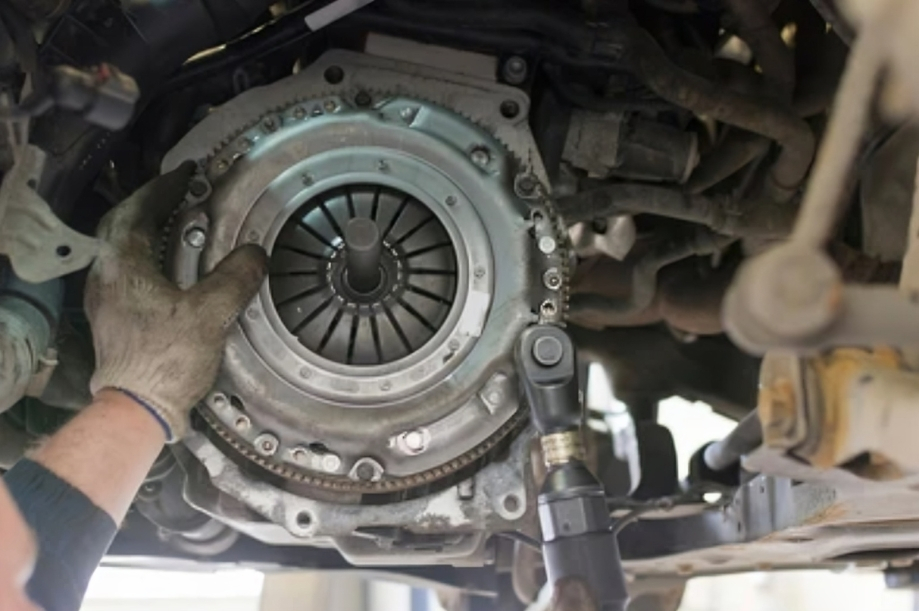 Mechanic performing clutch maintenance inspection in a Northern Beaches workshop