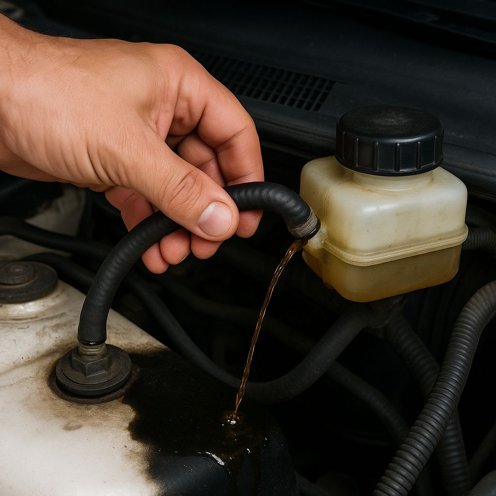 Close-up of hydraulic brake fluid leak being inspected