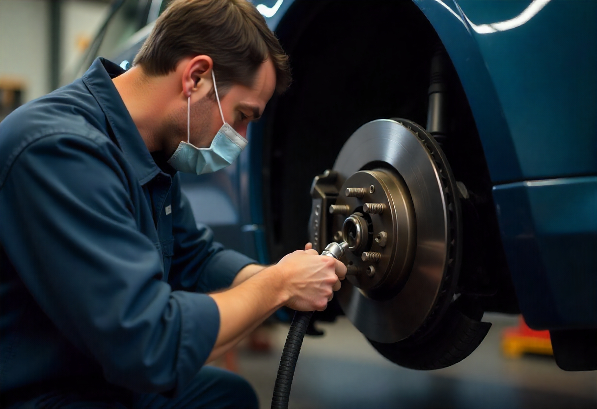 Technician using vacuum brake bleeding system in Brookvale workshop.