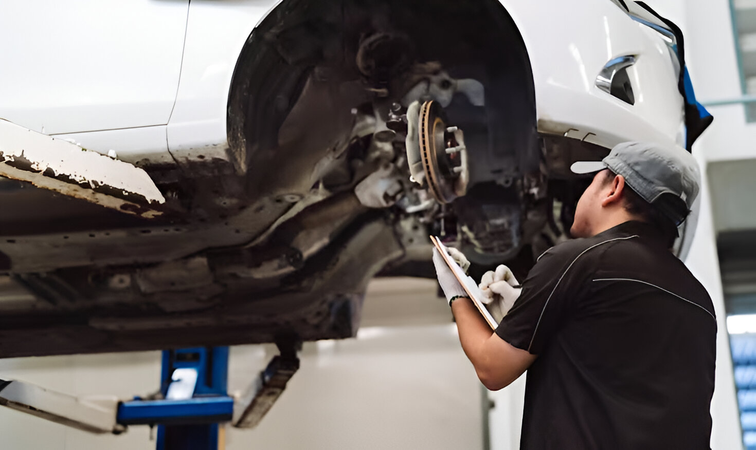 Mechanic inspecting a car for common suspension issues affecting brake performance