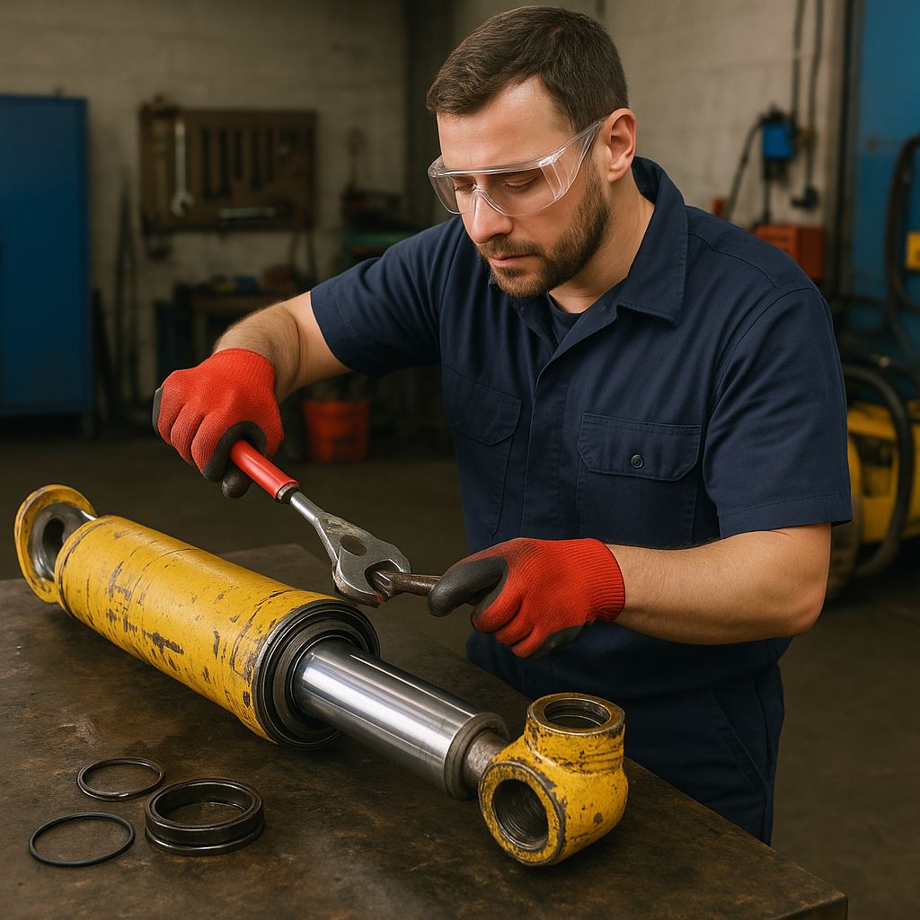 Mechanic performing a hydraulic cylinder overhaul at a Sydney workshop