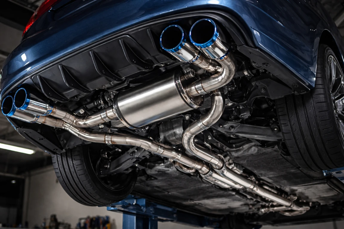 Custom exhaust system installed on performance car for improved sound and power