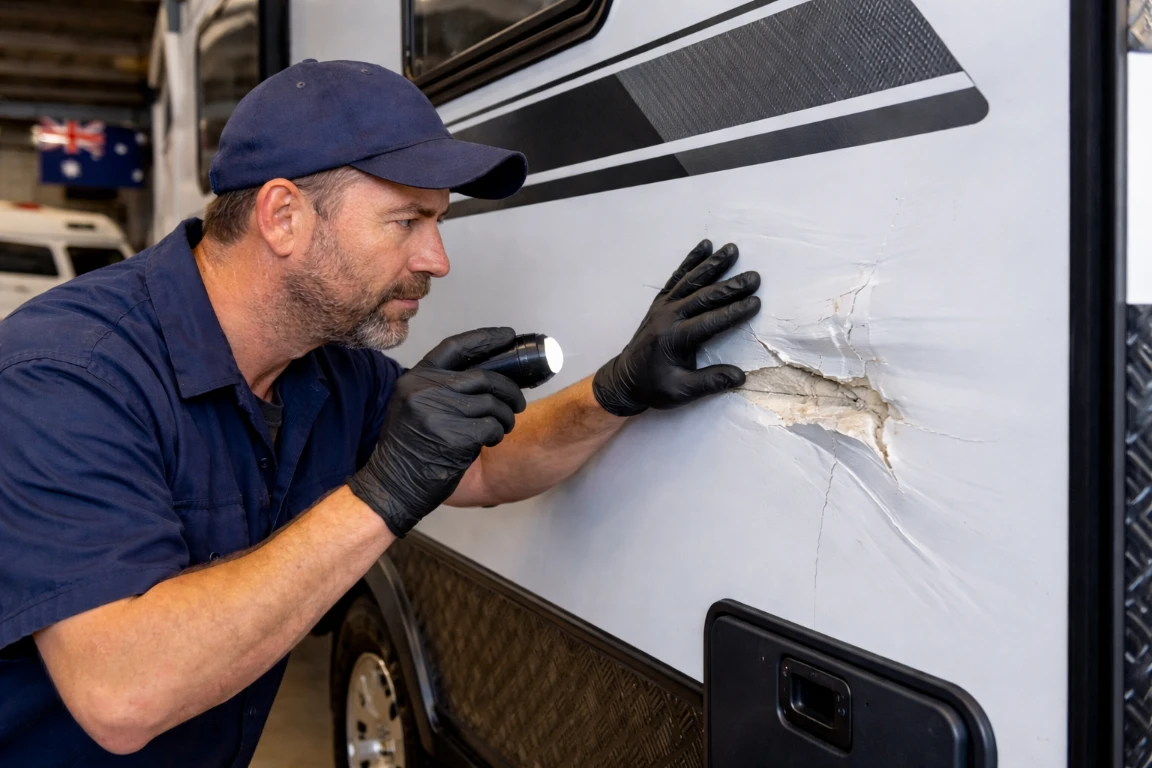 An inspection of a composite caravan wall to determine if you can repair caravan panels after accidental damage.