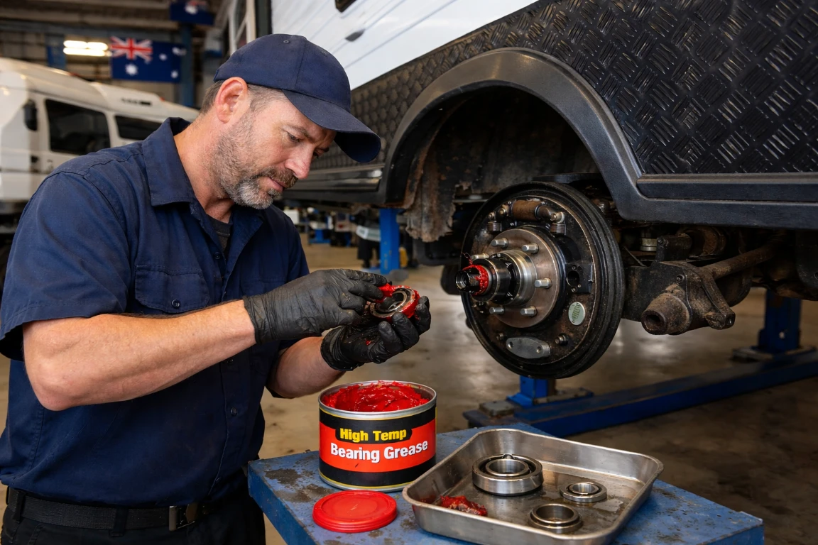 A mechanic repacking wheel bearings with grease during a professional caravan servicing appointment in Sydney.