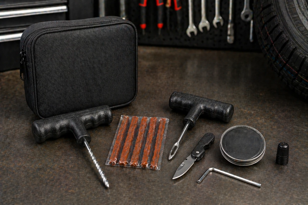 A complete DIY tyre puncture repair kit including reamer, insertion tool, and rubber strips on a workshop bench.
