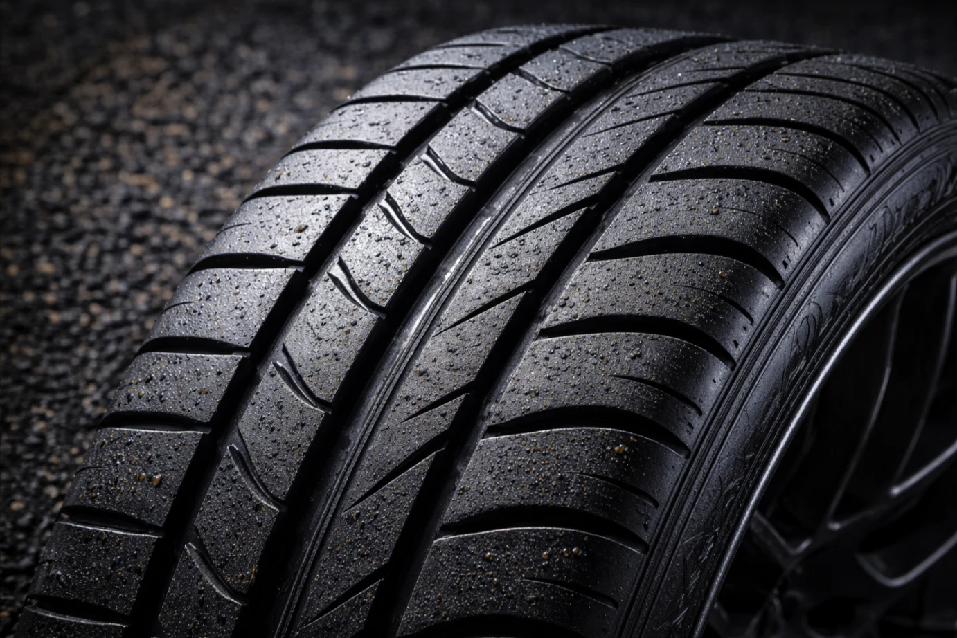 A close-up of high performance tyre tread showing the specialized rubber compound designed for maximum grip on Sydney asphalt.