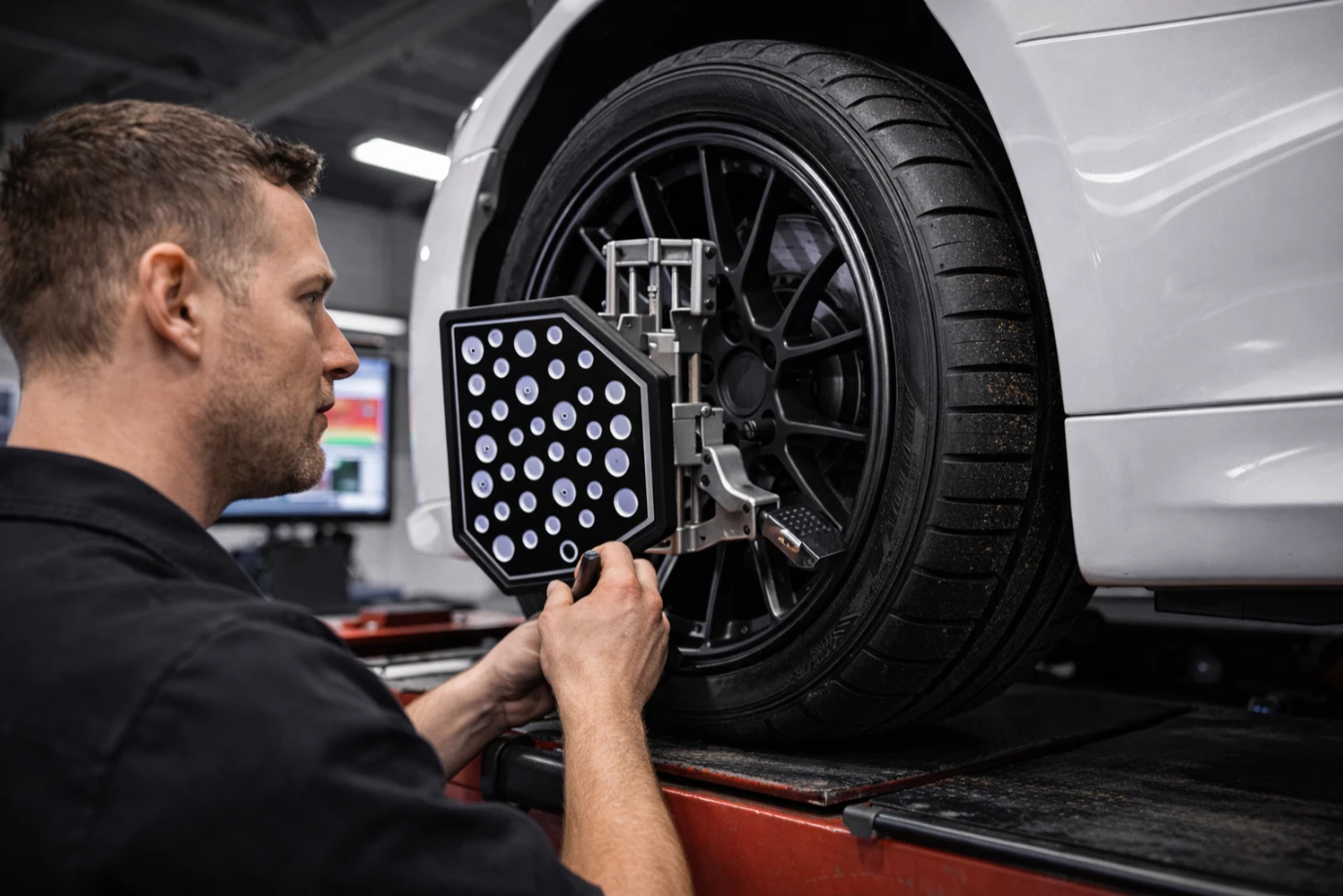 A professional mechanic checking the suspension and wheel alignment of a car fitted with high performance tyres in Brookvale.