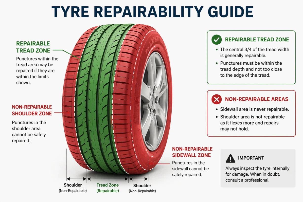 A diagram showing the repairable tread zone versus the non-repairable sidewall and shoulder of a car tyre.