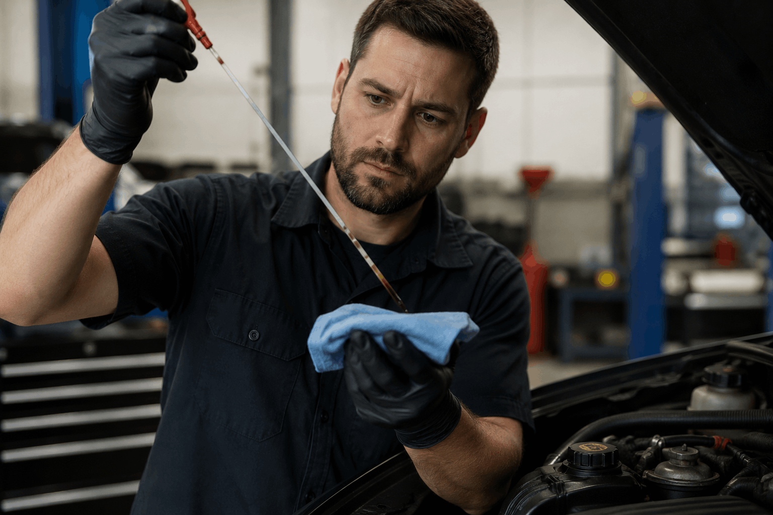 Male mechanic in a dark uniform checks the engine oil level, holding a dipstick and a blue cloth under the hood.