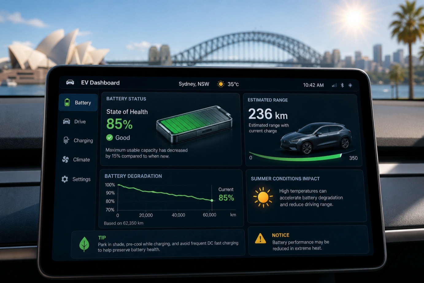 A digital dashboard of an electric car showing battery degradation and range estimates during a Sydney summer.