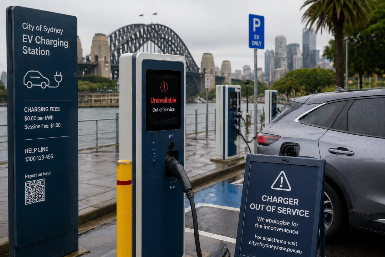 electric-vehicle-charging-challenges-nsw - Warringah Brake & Clutch Centre – Clutches, Brakes, Rotors A public EV charging station in Sydney illustrating common infrastructure challenges for electric vehicle owners.